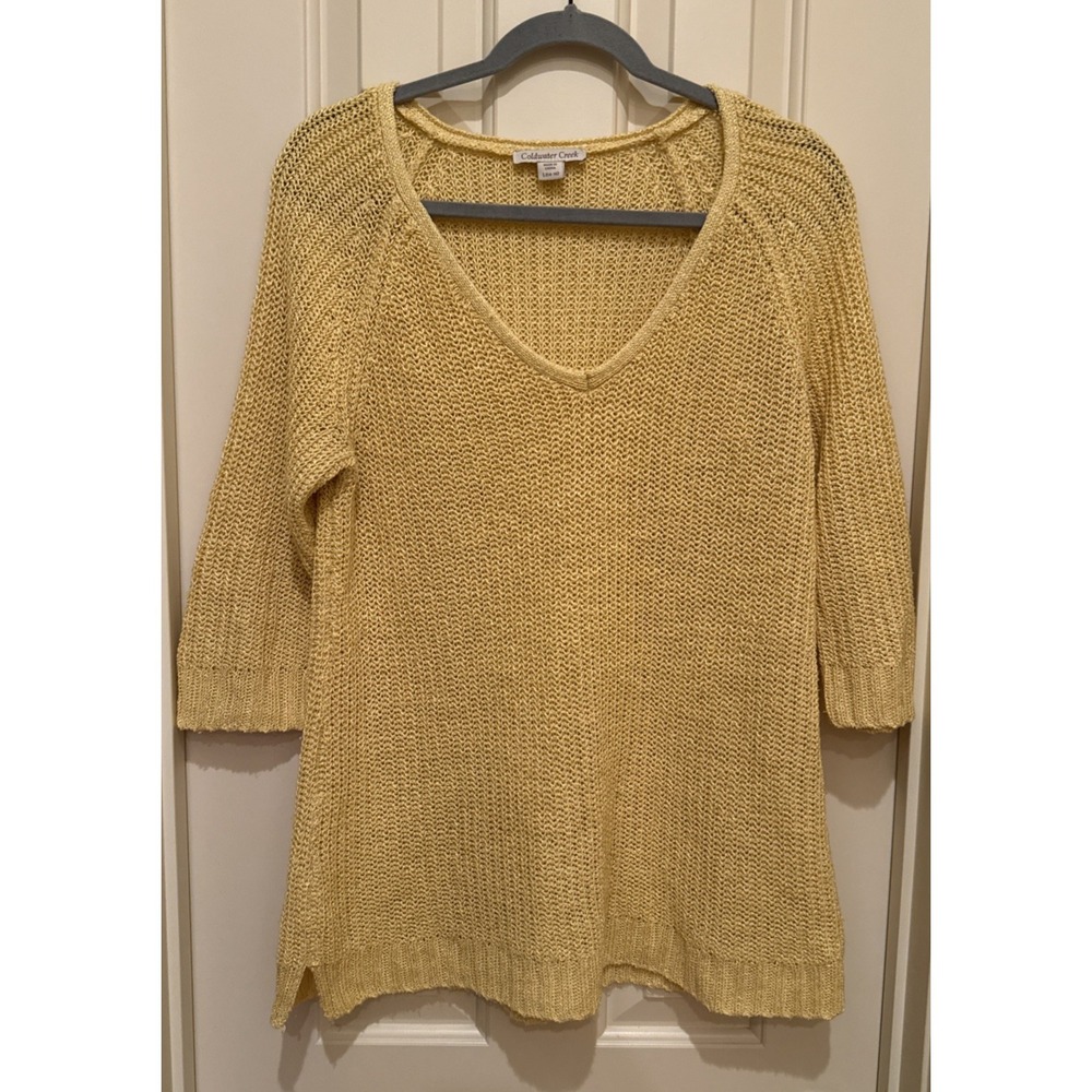 Coldwater Creek L (14-16) Yellow V-neck Rib-Knit Cotton‎ Blend Sweater